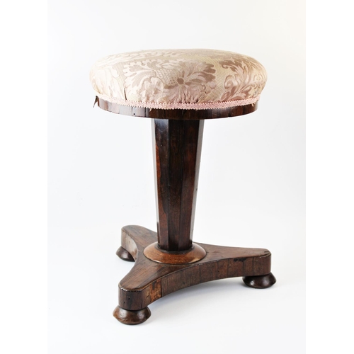 854 - A mid 19th century rosewood adjustable pedestal piano stool, the revolving upholstered seat raised u... 