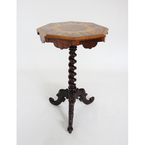 855 - A mid 19th century rosewood pedestal lamp table, the octagonal top inlaid with burr thuya and raised... 