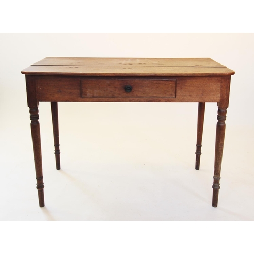 861 - A 19th century mahogany side table, with a rounded top above a single frieze drawer, raised upon rin... 