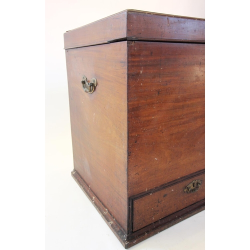 863 - A 19th century campaign type mahogany chest, the rectangular moulded hinged cover, above brass side ... 