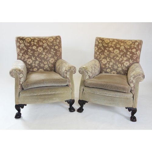 878 - A George III style three piece lounge suite, early 20th century, comprising a two seater sofa, cover... 