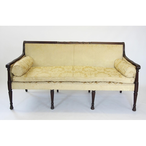 890 - An Adams style mahogany framed sofa, early 20th century, the reeded top rail centred with a stylised... 