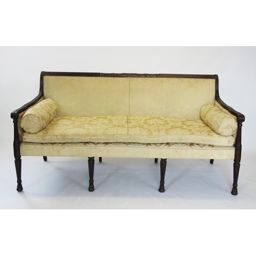 890 - An Adams style mahogany framed sofa, early 20th century, the reeded top rail centred with a stylised... 