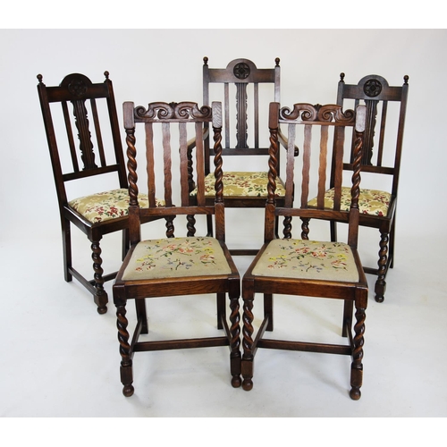 903 - A matched set of eight 1930's oak dining chairs (4+4), each chair with a drop in seat raised upon ba... 