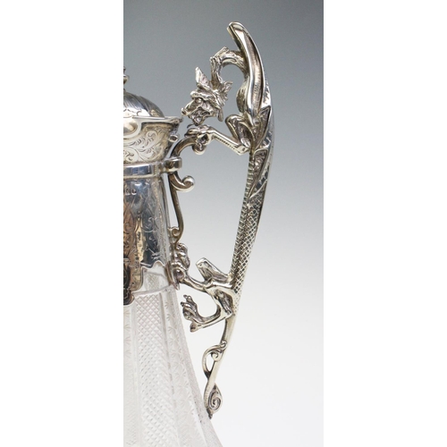 46 - A Victorian silver mounted cut glass claret jug, marks for 'WP', Sheffield 1876, of tapering form on... 