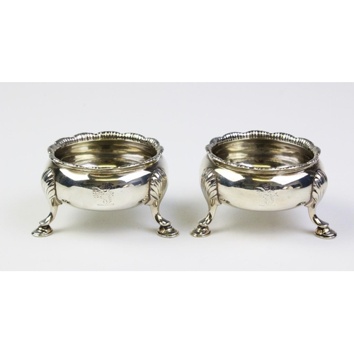 50 - A pair of George III silver salt cellars by D & R Hennell, London 1759, of cauldron form with gadroo... 