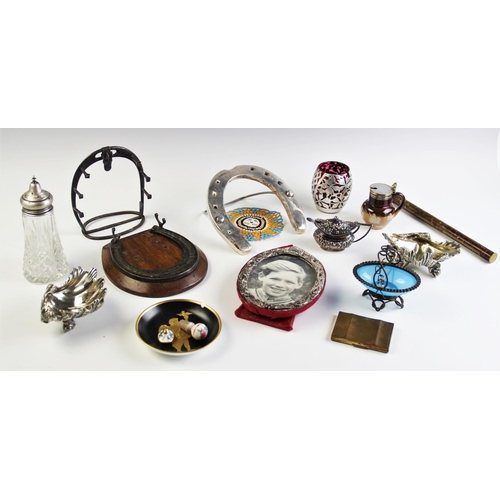 73 - A selection of objects of virtue, to include, a silver photo frame, a silver mounted cut glass caste... 