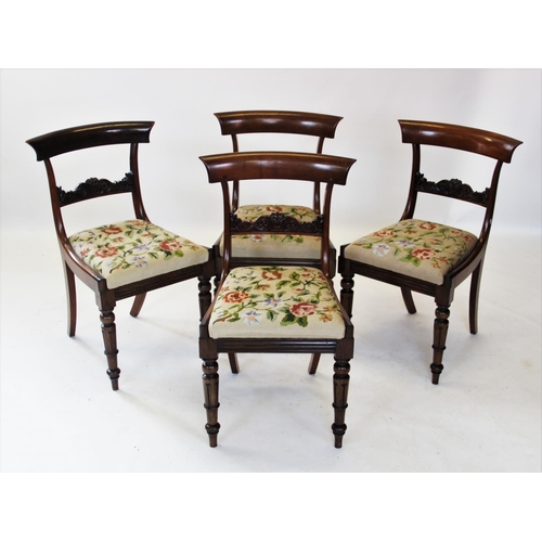 841 - A set of six William IV rosewood dining chairs, each with a plain concave top rail above a scroll ca... 