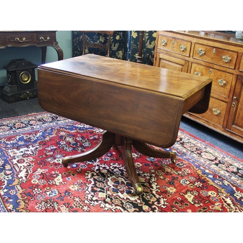 845 - A 19th century mahogany pedestal Pembroke table, the rectangular thumb moulded drop leaf top, above ... 