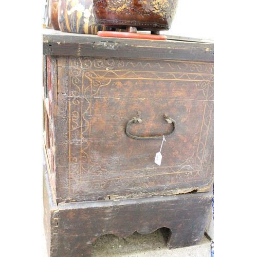 870 - A 19th century Eastern European painted folk art pine chest, painted with geometric designs, the hin... 