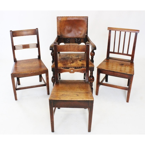 691 - A harlequin set of seven oak country chairs, late 18th/early 19th century, comprising a set of four ... 