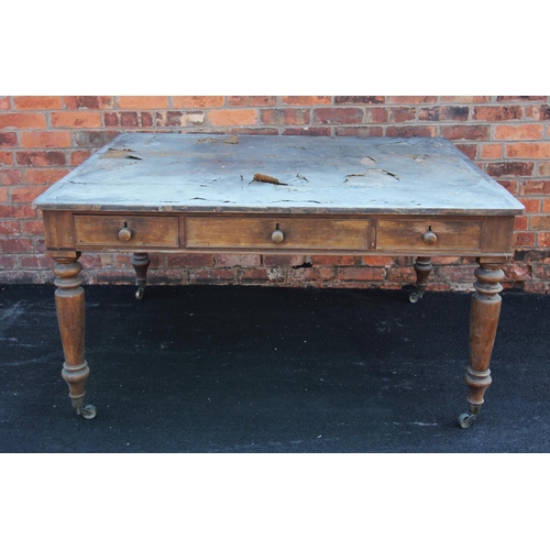 728 - A mid 19th century mahogany writing table, with a leather inset rectangular top above three frieze d... 