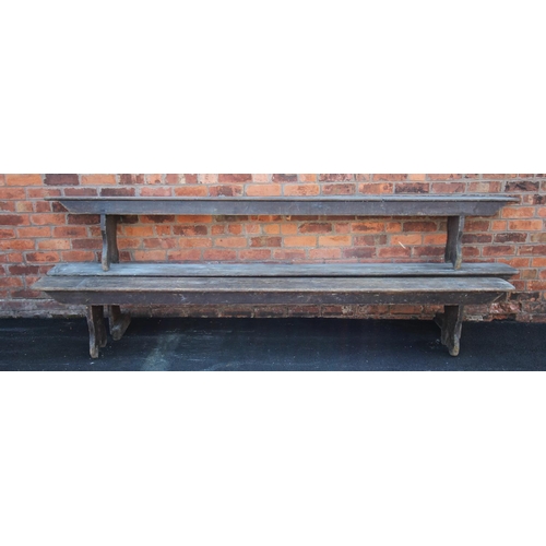 729 - Three 19th century pine benches, raised upon demi lune cut trestle type supports, approx. length 300... 