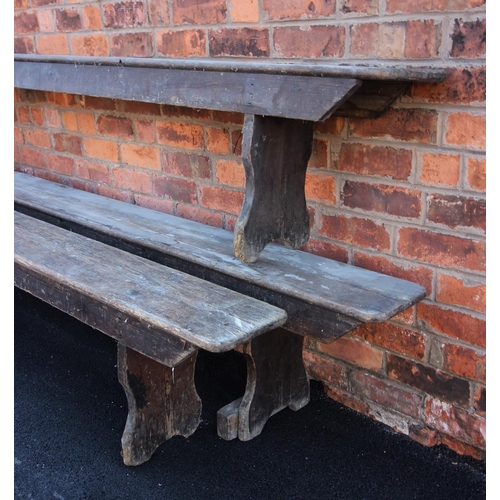 729 - Three 19th century pine benches, raised upon demi lune cut trestle type supports, approx. length 300... 