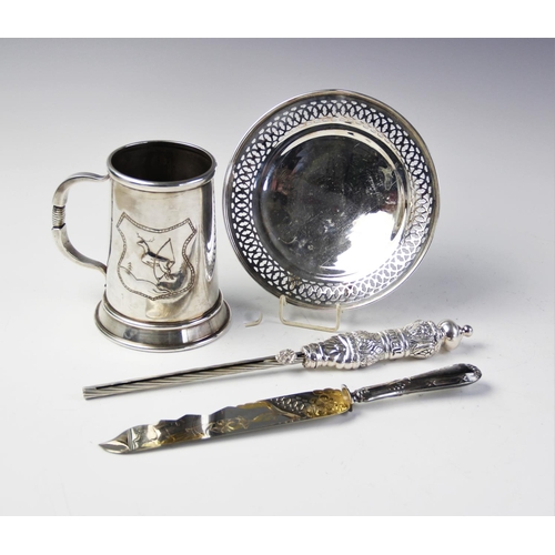 73 - A 925 silver candle lighter, with moulded silver handle, 31cm long, together with a pierced bonbon d... 