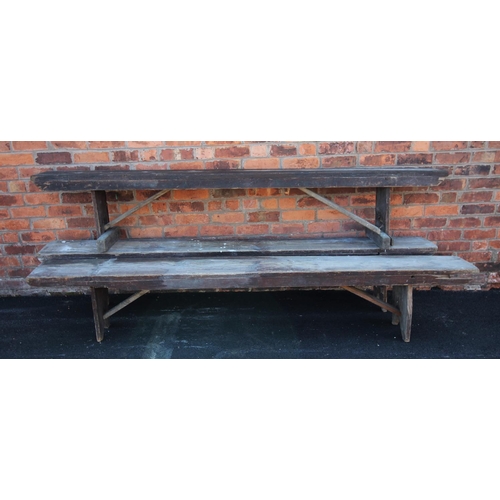 730 - Seven assorted 19th century pine benches, each raised on 'V' cut trestle type supports (at fault), e... 