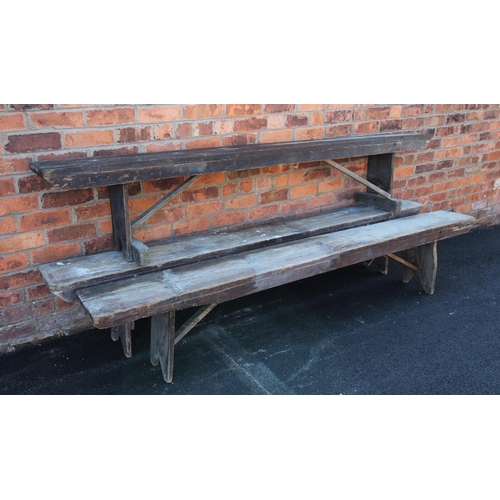 730 - Seven assorted 19th century pine benches, each raised on 'V' cut trestle type supports (at fault), e... 