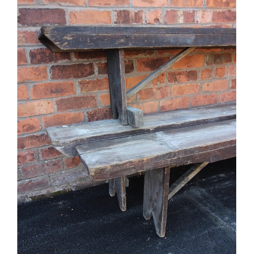 730 - Seven assorted 19th century pine benches, each raised on 'V' cut trestle type supports (at fault), e... 