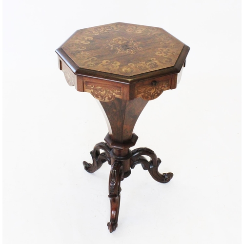 749 - A Victorian inlaid rosewood sewing table, of trumpet form, the octagonal hinged cover enclosing a sa... 