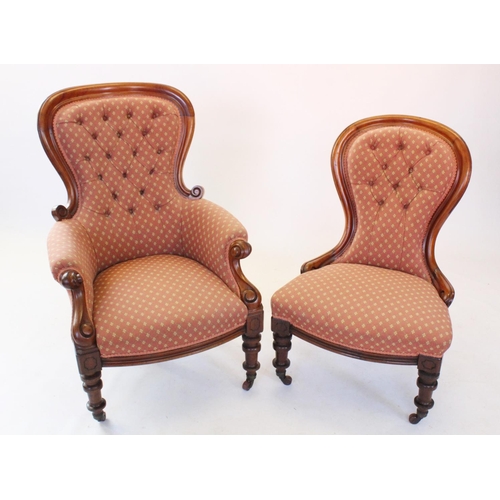 760 - A pair of ladies and gents Victorian mahogany framed drawing room chairs, stamped 'G & C 260 8', the... 