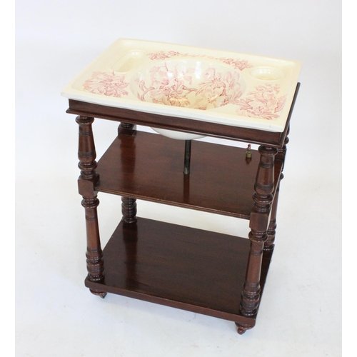 771 - A Victorian mahogany ceramic top washstand, the red and white 'Althea' pattern ceramic bowl with inc... 