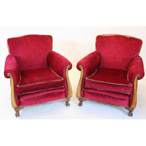 779 - A mid 20th century Dutch walnut and red velour three piece lounge suite, the three seater settee wit... 