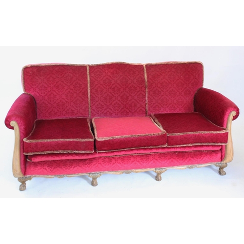 779 - A mid 20th century Dutch walnut and red velour three piece lounge suite, the three seater settee wit... 