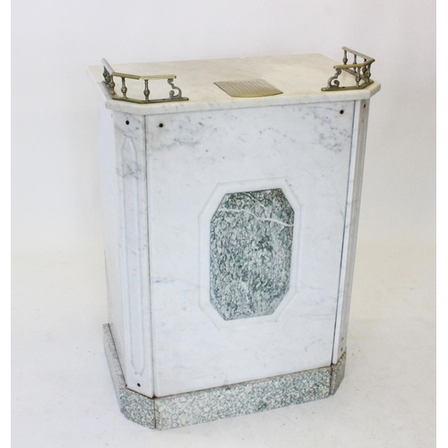 804 - A French 1930's Art Deco white marble reception or ticket desk, the rectangular top with canted fron... 