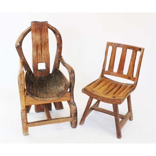 816 - A harlequin set of four driftwood patio or garden chairs, each chair with a substantial rail or spla... 