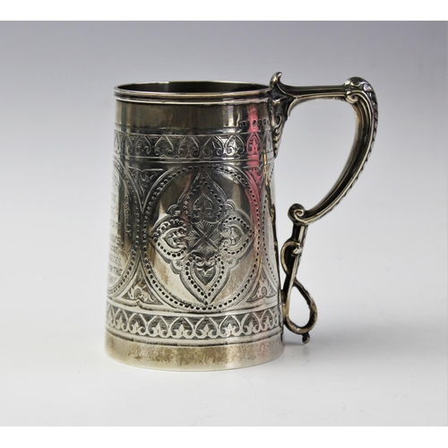 90 - A silver Cheshire Agricultural Society presentation tankard, George Unite, Birmingham 1875, of taper... 