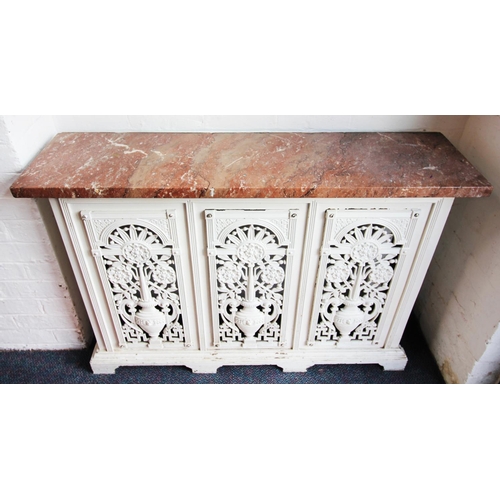 741 - A Victorian Coalbrookdale type cast iron and marble radiator cover, the rectangular rouge marble sla... 