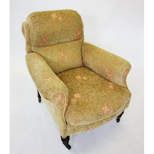 788 - A Victorian club chair, later re-covered with green foliate fabric and rope edging, the deep set sea... 