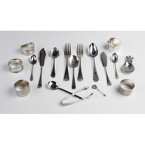 100 - A selection of silver cutlery and tableware, to include a silver caddy spoon by Roberts & Belk, Shef... 