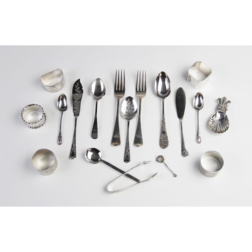 100 - A selection of silver cutlery and tableware, to include a silver caddy spoon by Roberts & Belk, Shef... 