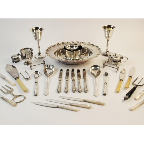 111 - A selection of silver mounted and silver plated tableware, to include a set of six silver handled kn... 