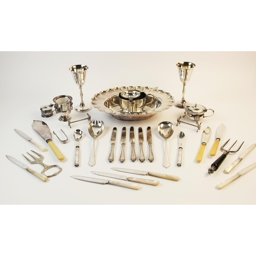 111 - A selection of silver mounted and silver plated tableware, to include a set of six silver handled kn... 