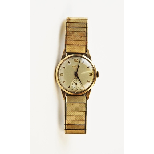 115 - A 9ct gold vintage Roamer Incabloc wristwatch, the round cream dial with baton and Arabic numeral ma... 