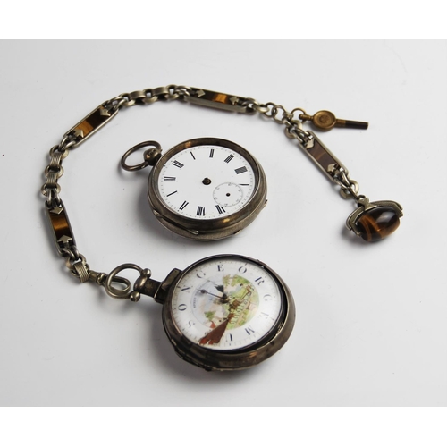 119 - A Victorian silver pair case 'Speed the Plough' pocket watch, the round white enamel dial painted wi... 