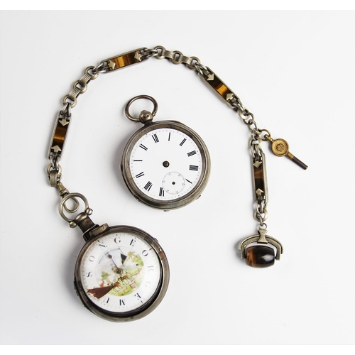 119 - A Victorian silver pair case 'Speed the Plough' pocket watch, the round white enamel dial painted wi... 