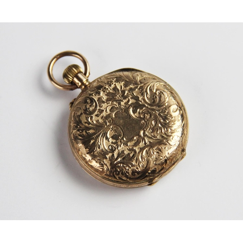 130 - An Edwardian 9ct gold lady's fob watch, London import marks for 1907, the gold toned dial with engra... 