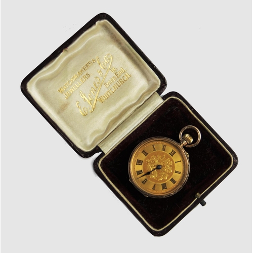 130 - An Edwardian 9ct gold lady's fob watch, London import marks for 1907, the gold toned dial with engra... 