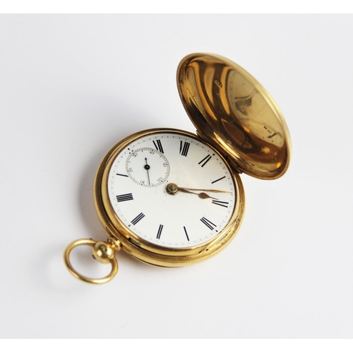 138 - An 18ct gold full hunter pocket watch, the round white enamelled dial with Roman numerals and subsid... 