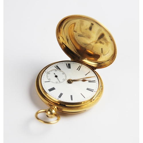 138 - An 18ct gold full hunter pocket watch, the round white enamelled dial with Roman numerals and subsid... 