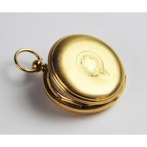 138 - An 18ct gold full hunter pocket watch, the round white enamelled dial with Roman numerals and subsid... 