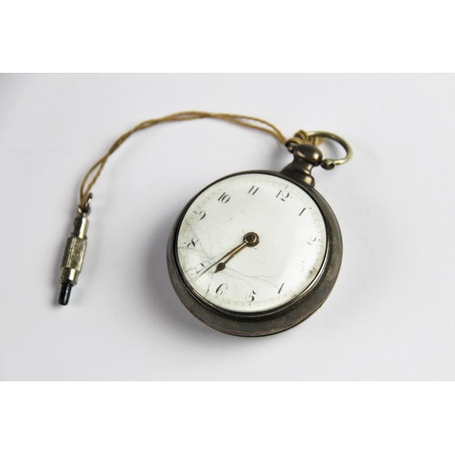 139 - A George III silver pair case pocket watch, the white enamel dial with Arabic numerals, set to a pla... 