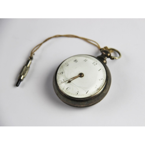 139 - A George III silver pair case pocket watch, the white enamel dial with Arabic numerals, set to a pla... 