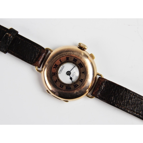 144 - A gent's vintage 9ct gold half hunter wristwatch by Russells Ltd, the round white enamel dial with R... 