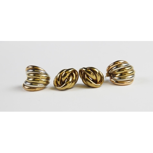 174 - A pair of three colour 9ct gold earrings, comprising alternating bands of yellow, white and rose gol... 