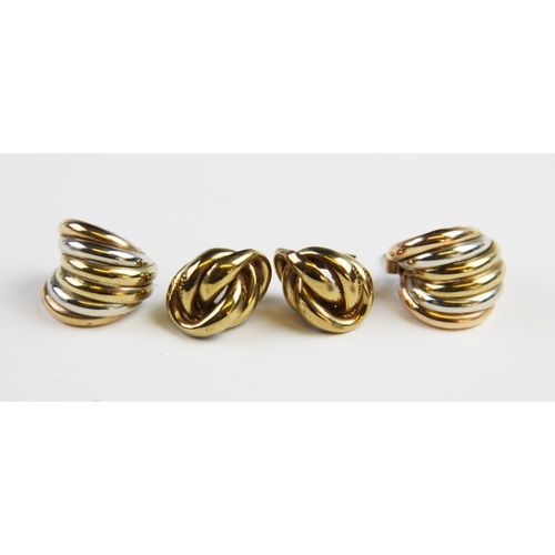 174 - A pair of three colour 9ct gold earrings, comprising alternating bands of yellow, white and rose gol... 