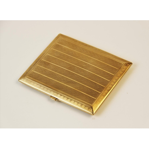 186 - An Art Deco 9ct gold cigarette case, of rectangular form with engine turned decoration to exterior a... 